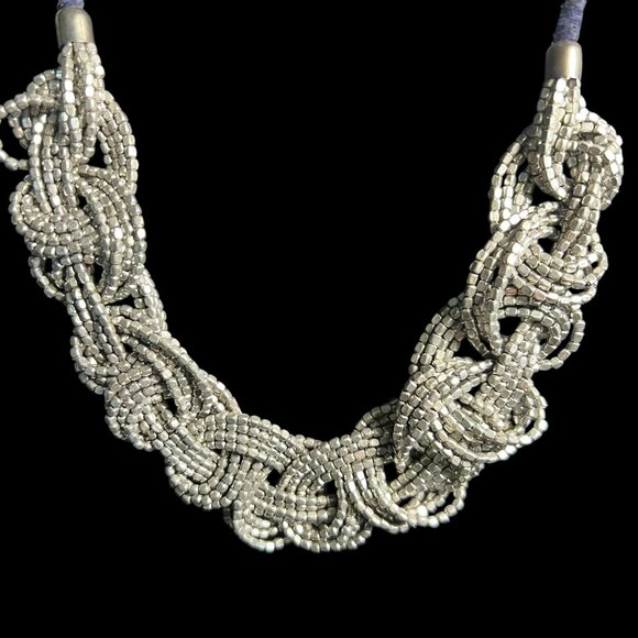 Elegant Silver-Tone Beaded Knot Necklace Boho Chic Artistic Unique Metallic Bold - Picture 2 of 4